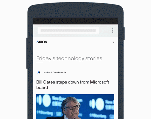 Scrolling phone showing Axios' website powered by AMP